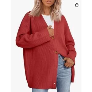 Lillusory Oversized Ribbed Knit Cardigan XL Red Button-Front Slouchy Sweater